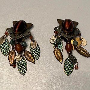 Unique Vintage Metal & Tigers Eye Stone - Clip on Earrings